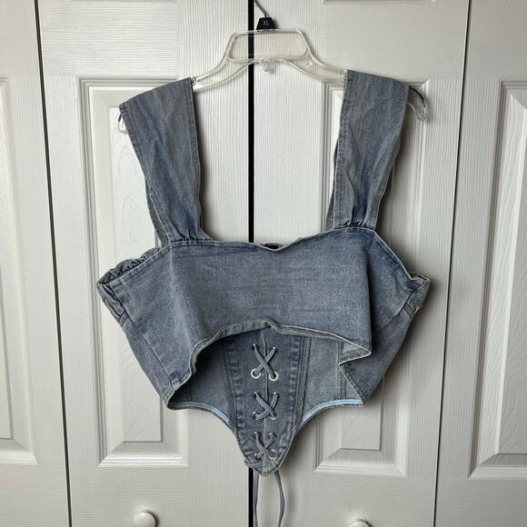 Pretty Little Thing Vintage Bleach Wash Ruched Bust Detail Lace Up Corset 14 - Picture 9 of 13